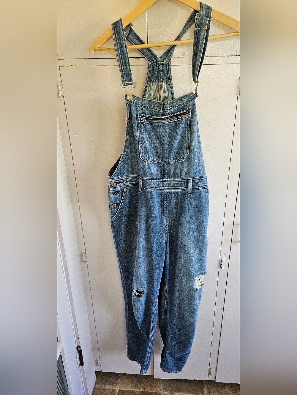 Tommy Hilfiger Distressed Denim Overalls with Signature Trim - Blue Size 10
